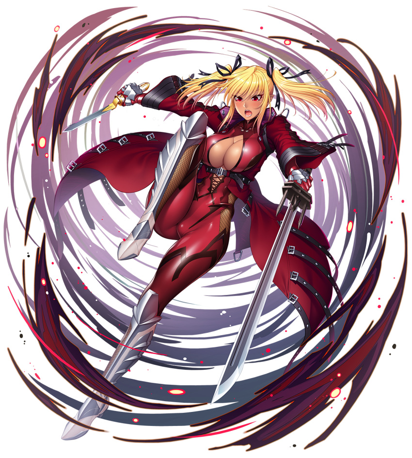 1girl blonde_hair bodysuit breast_cutout breasts commentary_request dark_skin eyebrows_visible_through_hair fangs full_body hair_between_eyes highres holding holding_sword holding_weapon large_breasts leg_armor long_sleeves official_art open_mouth pointy_ears red_eyes shinganji_kurenai simple_background solo sword taimanin_rpgx teeth tongue twintails weapon white_background zol