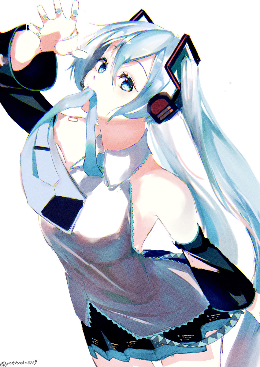 1girl absurdres aqua_eyes aqua_hair aqua_nails aqua_necktie arm_up bare_shoulders belt black_skirt black_sleeves claw_pose commentary cowboy_shot detached_sleeves grey_shirt hair_ornament hatsune_miku headphones highres long_hair looking_at_viewer looking_to_the_side meme miniskirt mouth_hold nail_polish necktie necktie_in_mouth pleated_skirt potetoneko shirt skirt sleeveless sleeveless_shirt solo twintails twitter_username very_long_hair vocaloid white_background