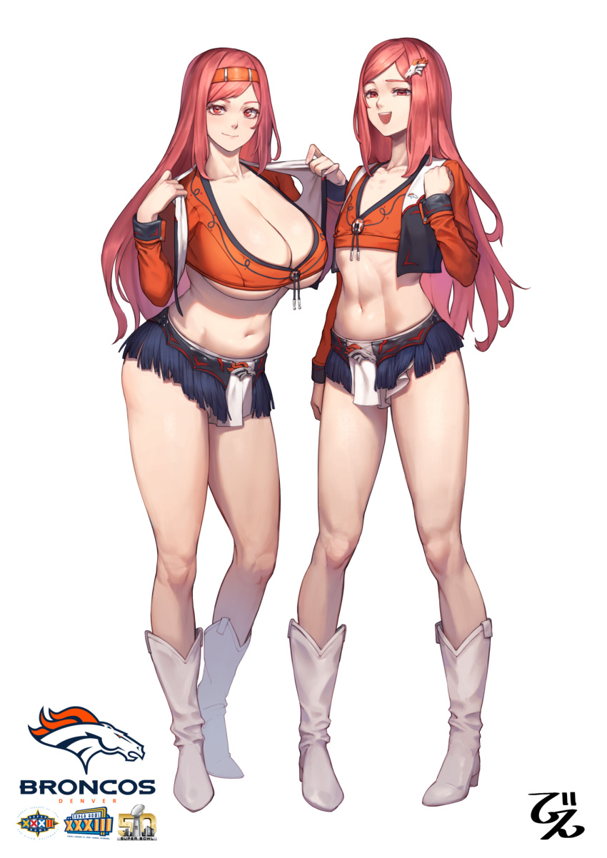 2girls bangs beeeeen belly blue_skirt boots breasts cheerleader cleavage commentary_request commission crop_top denver_broncos drawstring flat_chest fringe_trim full_body hair_ornament hairband hairpin highres huge_breasts jacket last_origin long_hair looking_at_viewer md5_mismatch microskirt midriff multiple_girls national_football_league navel night_angel_(last_origin) open_clothes open_jacket open_mouth orange_hairband orange_shirt partial_commentary pixiv_request red_eyes red_hair shirt siblings simple_background skirt smile standing stomach strato_angel_(last_origin) swept_bangs thighs underboob uniform very_long_hair white_background white_footwear