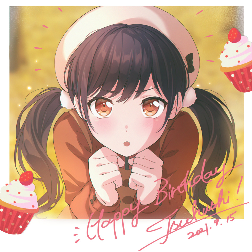 1girl :o absurdres bang_dream! bangs beret black_bow black_hair blurry blurry_background blush border bow brown_jacket clenched_hands cupcake dated english_text food from_above futaba_tsukushi hair_ornament hair_scrunchie hands_on_own_chest happy_birthday hat hat_bow highres jacket leaning_forward long_hair long_sleeves looking_at_viewer looking_up low_twintails nobusawa_osamu notice_lines open_mouth outdoors photo_(object) scrunchie sidelocks solo swept_bangs twintails upper_body upturned_eyes v-shaped_eyebrows white_border white_headwear