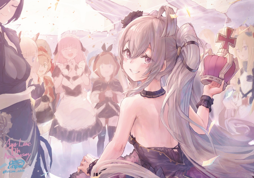 6+girls absurdres ahoge ark_royal_(azur_lane) ark_royal_(guardian_of_the_ball)_(azur_lane) azur_lane back blonde_hair blue_eyes blush commentary_request crown eicam grey_hair highres long_hair looking_at_viewer multiple_girls norfolk_(azur_lane) signature silver_hair simple_background southampton_(azur_lane) suffolk_(azur_lane) twintails valiant_(azur_lane) valiant_(queen_valiant_i)_(azur_lane) warspite_(azur_lane) white_background