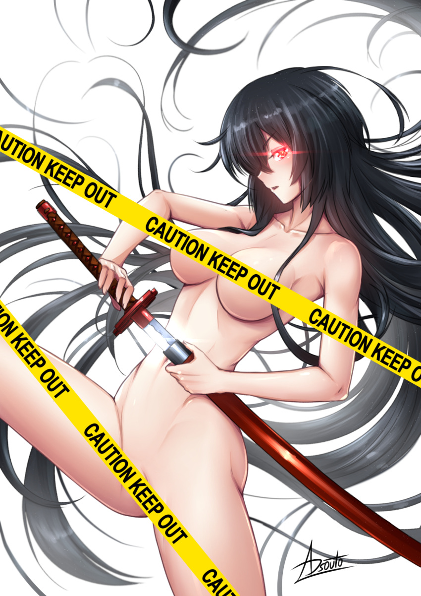 1girl adsouto akame akame_ga_kill! black_hair breasts caution_tape censored collarbone glowing glowing_eye hair_over_one_eye highres holding holding_sheath holding_sword holding_weapon katana large_breasts long_hair navel nude open_mouth red_eyes sheath shiny shiny_hair signature solo sword underboob unsheathing very_long_hair weapon white_background