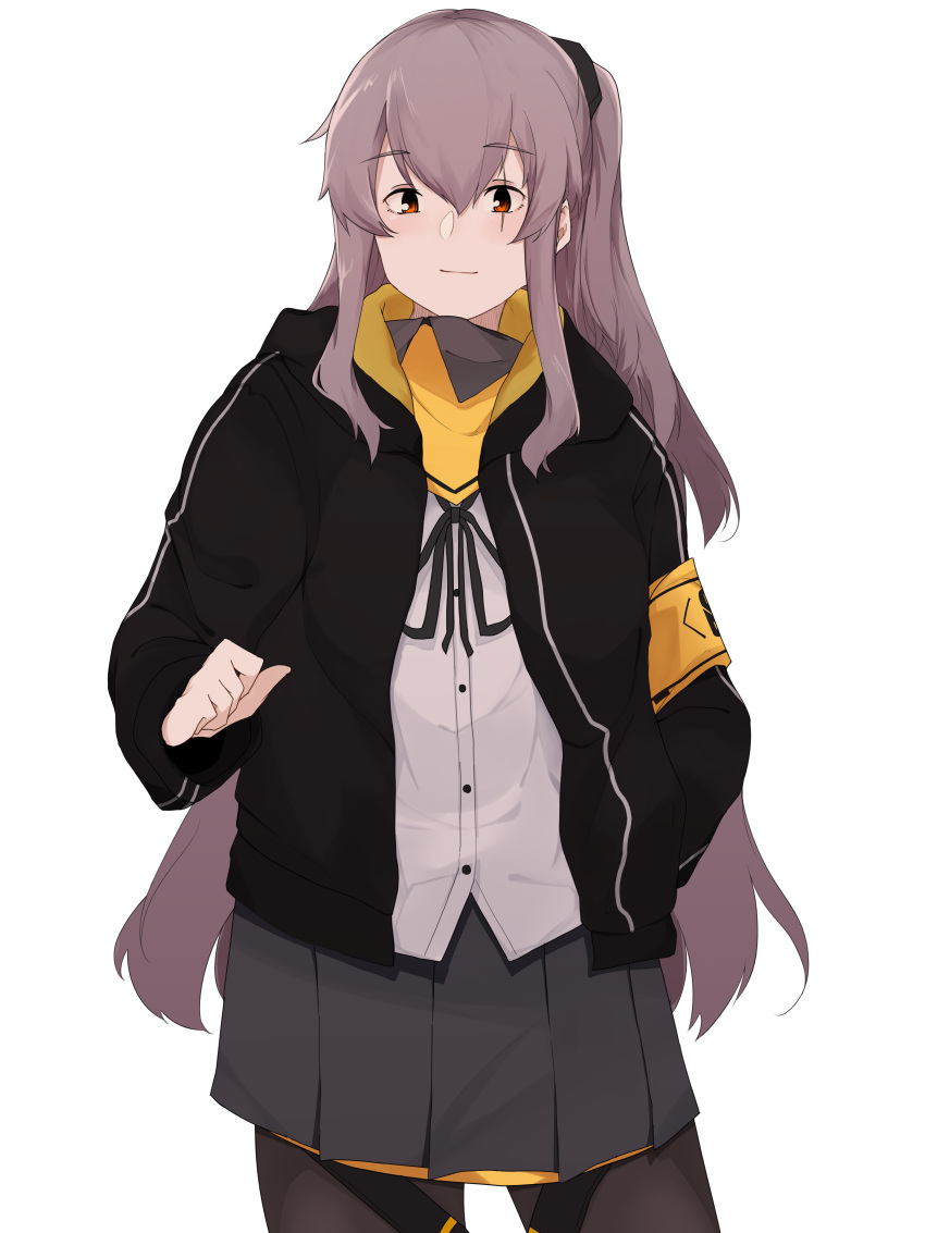 1girl absurdres armband bangs black_jacket black_legwear brown_eyes closed_mouth commentary_request daigaku_jitome eyebrows_visible_through_hair girls'_frontline grey_hair hair_between_eyes hand_in_pocket highres jacket long_hair long_sleeves one_side_up open_clothes open_jacket pantyhose pleated_skirt scar scar_across_eye shirt sidelocks simple_background skirt solo ump45_(girls'_frontline) very_long_hair white_background