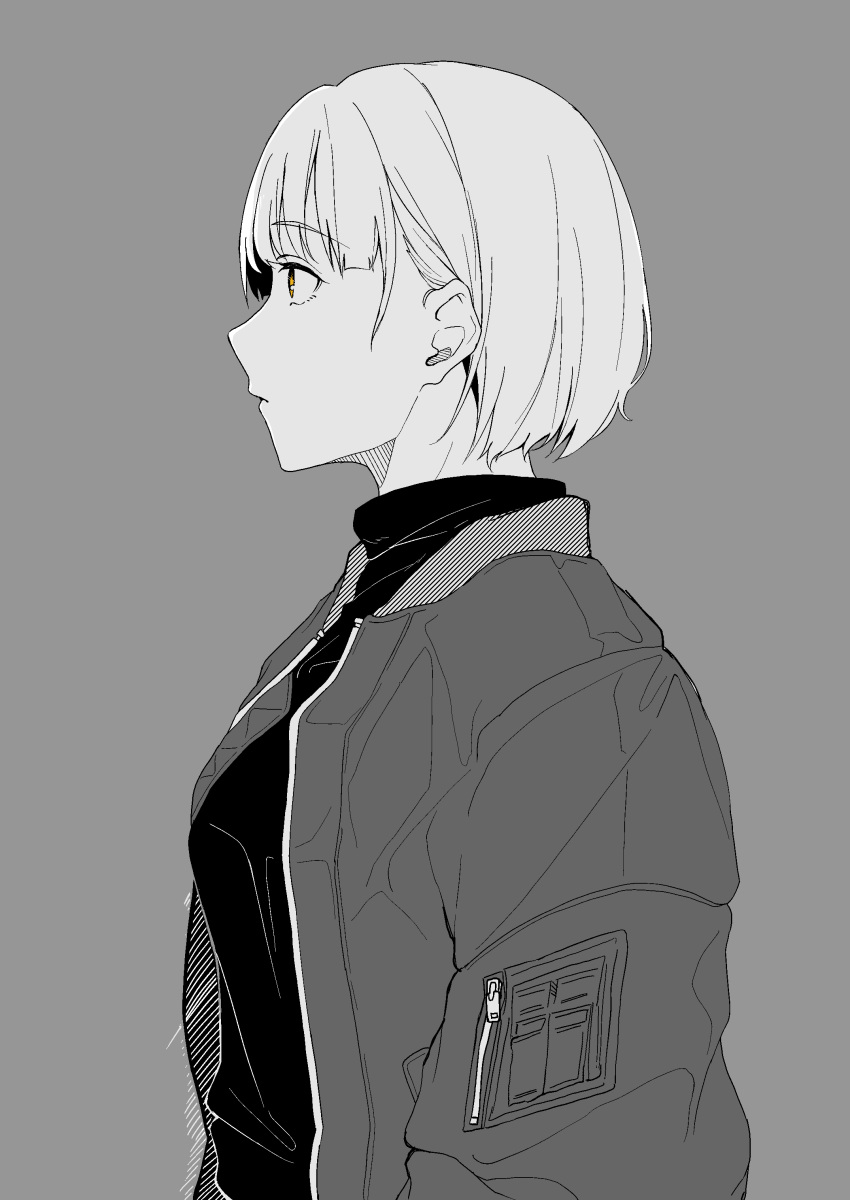 1girl absurdres bangs breasts closed_mouth commentary_request daigaku_jitome eyebrows_visible_through_hair from_side greyscale highres jacket long_sleeves monochrome orange_eyes original profile short_hair simple_background solo spot_color sweater upper_body