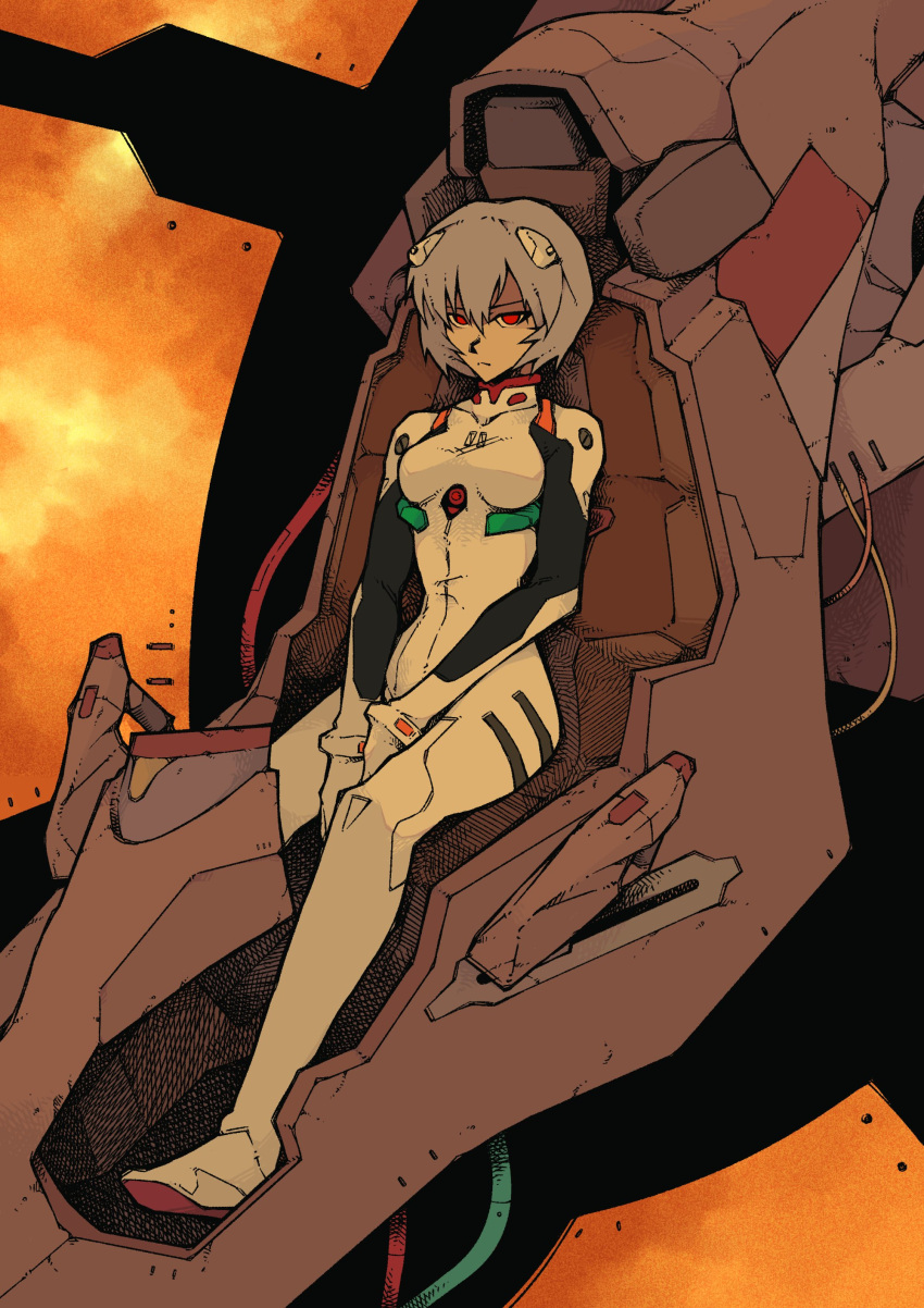 1girl absurdres ayanami_rei bangs blue_hair bodysuit breasts cable closed_mouth cockpit eva_00 expressionless frown full_body hair_ornament highres interface_headset looking_at_viewer mackle medium_breasts neon_genesis_evangelion orange_sky plugsuit red_eyes seat short_hair sitting sky solo white_bodysuit wire