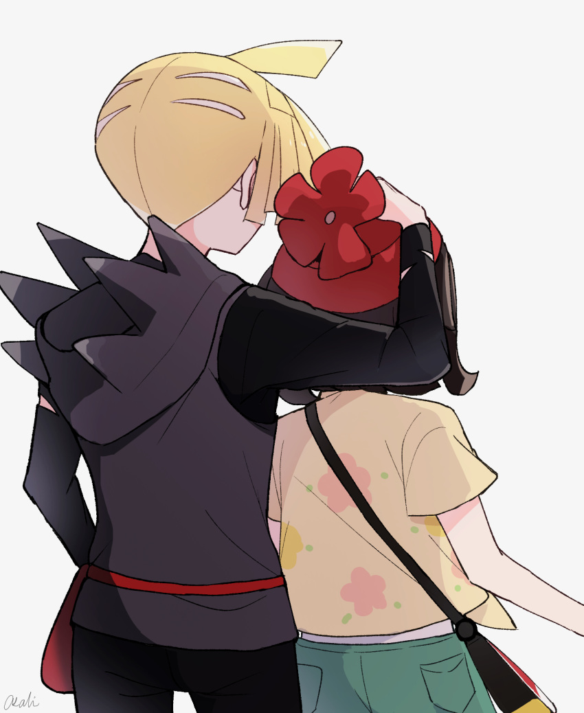 1boy 1girl ahoge bag beanie black_pants blonde_hair brown_hair commentary_request fanny_pack floral_print from_behind gladion_(pokemon) green_shorts hand_on_another's_head hand_up hat highres hood hood_down hoodie long_sleeves medium_hair pants pokemon pokemon_(game) pokemon_sm red_bag red_headwear selene_(pokemon) shirt short_hair short_sleeves shorts shoulder_bag tere_asahi torn_hoodie white_background yellow_shirt