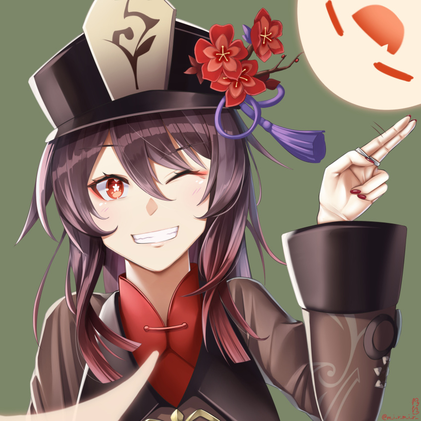 1girl :d ;d absurdres bangs black_hair check_commentary chinese_clothes commentary_request eyebrows_visible_through_hair flower genshin_impact ghost grin hair_between_eyes hat hat_flower hat_ornament highres hu_tao_(genshin_impact) jewelry kutsuda_miru long_hair long_sleeves looking_at_viewer one_eye_closed open_mouth orange_eyes ring salute sidelocks signature simple_background smile symbol-shaped_pupils twintails two-finger_salute