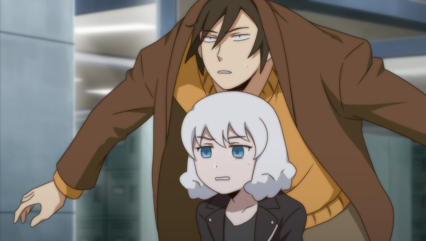 1boy 1girl black_hair black_jacket blue_eyes brown_coat coat hair_between_eyes id_kaeta jacket nikaidou_rui odd_taxi outdoors short_hair spoilers standing sweatdrop sweater_vest vest white_hair yamamoto_fuyuki