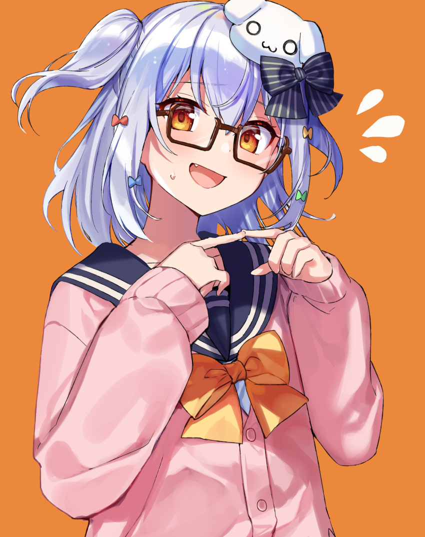 1boy absurdres bangs blue_hair bow bowtie eyebrows_visible_through_hair fang glasses hair_bow hair_ornament highres inuyama_tamaki looking_at_viewer noripro open_mouth orange_background orange_eyes otoko_no_ko sailor_collar simple_background solo two_side_up virtual_youtuber yumesaki_nana