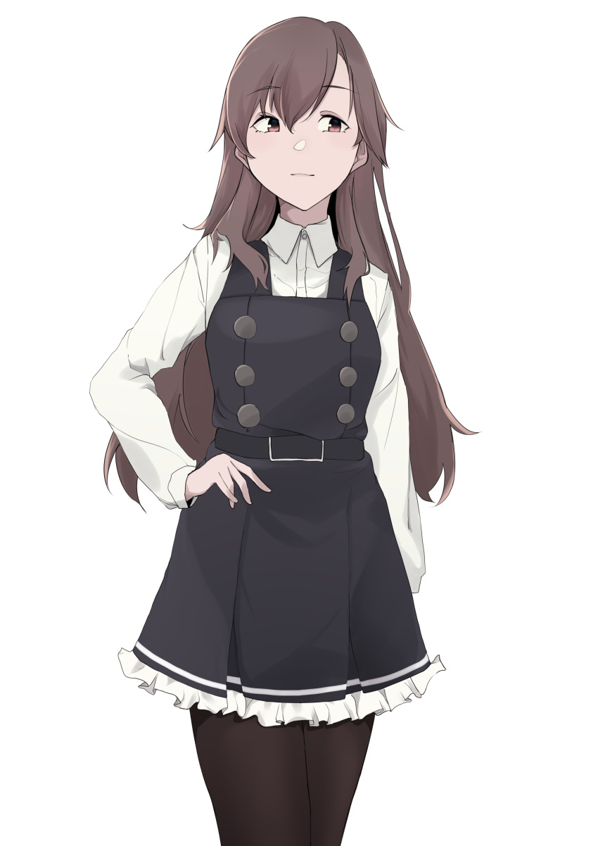 1girl absurdres arashio_(kancolle) bangs belt black_dress black_legwear brown_eyes brown_hair closed_mouth collared_shirt commentary_request daigaku_jitome dress eyebrows_visible_through_hair frilled_dress frills hair_between_eyes hand_on_hip highres kantai_collection long_hair long_sleeves pantyhose pinafore_dress remodel_(kantai_collection) shirt simple_background solo white_background white_shirt