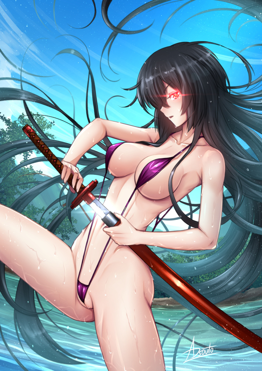 1girl adsouto akame akame_ga_kill! black_hair blue_sky breasts cleavage collarbone day floating_hair glowing glowing_eye hair_over_one_eye highres holding holding_sheath holding_sword holding_weapon large_breasts long_hair open_mouth outdoors partially_visible_vulva purple_swimsuit red_eyes river sheath shiny shiny_hair sideboob signature sky slingshot_swimsuit solo swimsuit sword unsheathing very_long_hair weapon