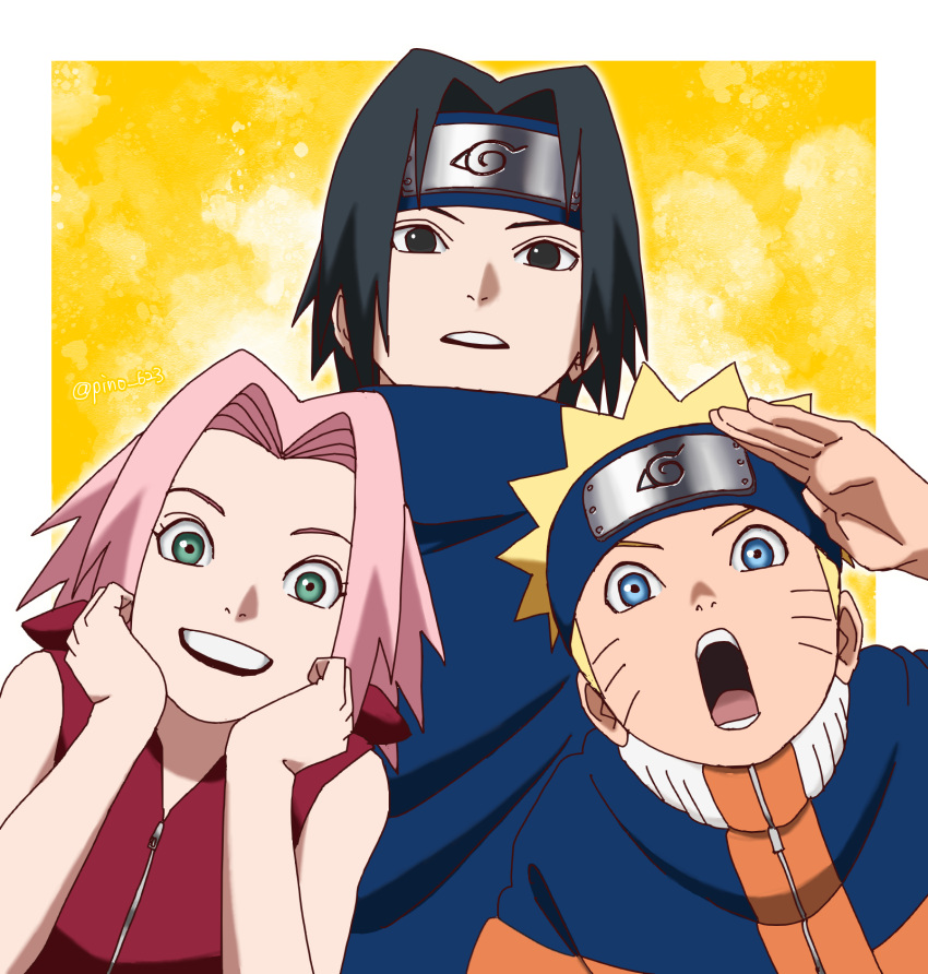 1girl 2boys :d :o black_eyes black_hair blonde_hair blue_eyes border forehead forehead_protector green_eyes haruno_sakura highres jacket long_sleeves looking_at_viewer multiple_boys naruto naruto_(series) ninja official_style open_mouth orange_jacket pink_hair pinoko_(pnk623) red_shirt salute shirt short_hair short_sleeves sleeveless sleeveless_shirt smile team7 teeth uchiha_sasuke uzumaki_naruto yellow_background