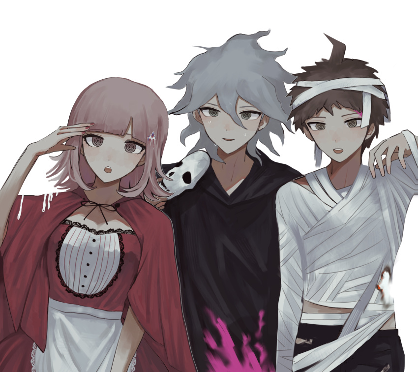 1girl 2boys :o absurdres ahoge alternate_hair_ornament apron bad_id bad_pixiv_id bandages bangs black_footwear black_pants blunt_bangs breasts brown_hair capelet commentary cosplay crazy_eyes danganronpa_(series) danganronpa_2:_goodbye_despair death_(entity) galaga grey_hair grim_reaper grim_reaper_(cosplay) hair_between_eyes hair_ornament halloween_costume highres hinata_hajime holding holding_mask hood hood_down komaeda_nagito large_breasts little_red_riding_hood_(grimm) little_red_riding_hood_(grimm)_(cosplay) looking_at_viewer mask mask_on_head multiple_boys mummy_costume nail_polish nanami_chiaki open_mouth pants red_capelet red_nails red_ribbon red_skirt ribbon short_hair simple_background skirt sleeping teeth triangle_hair_ornament upper_teeth uyu_(uyuchaxx) waist_apron white_apron white_background