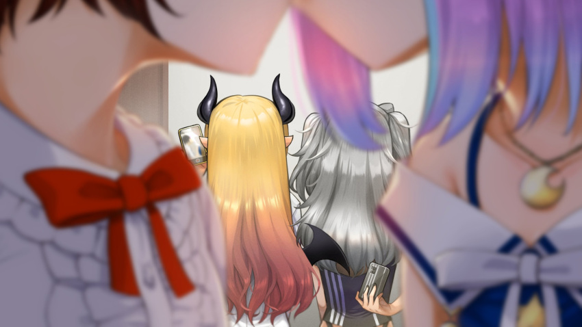 4girls arm_behind_back black_shirt blonde_hair blue_dress blurry blurry_foreground bow bowtie cellphone commentary_request crescent_necklace demon_girl demon_horns demon_wings depth_of_field dress from_behind gradient_hair hand_up highres himemori_luna holding holding_phone hololive horns implied_kiss long_hair multicolored_hair multiple_girls oozora_subaru phone pointy_ears red_bow red_hair shirt shishiro_botan silver_hair smartphone taking_picture virtual_youtuber white_shirt wings yamasan_ossan yuri yuzuki_choco