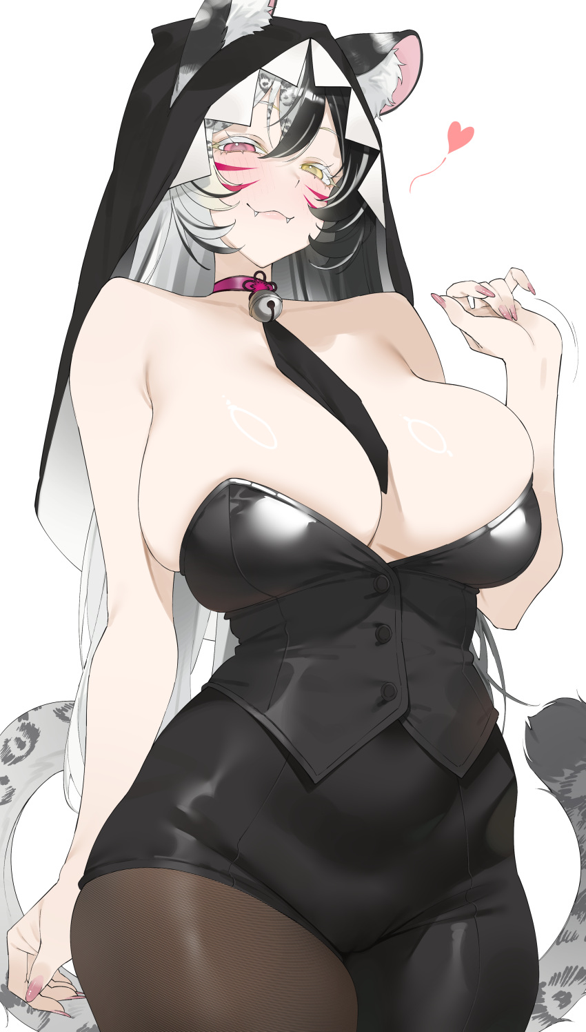 1girl :3 absurdres asymmetrical_clothes bell between_breasts black_hair black_necktie black_pants black_vest breasts brown_pantyhose byeon_dha character_request choker colored_eyelashes come_hither commission copyright_request cowboy_shot curvy ears_through_headwear facial_mark fangs half-closed_eyes heart heterochromia highres large_breasts long_hair looking_at_viewer multicolored_hair neck_bell necktie necktie_between_breasts nun original pants pantyhose pink_eyes pink_nails purple_choker simple_background single_pantsleg snow_leopard_ears snow_leopard_girl snow_leopard_tail solo split-color_hair spotted_tail strapless veil very_long_hair vest virtual_youtuber whisker_markings white_background white_eyelashes white_hair yellow_eyes