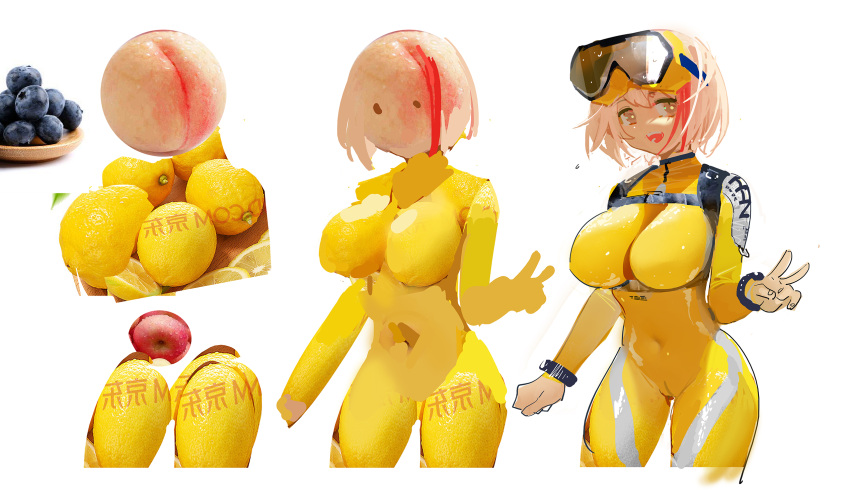 1girl apple blonde_hair blush bodysuit breasts brown_eyes cameltoe food fruit goggles goggles_on_head han-0v0 highres large_breasts lemon long_sleeves looking_at_viewer making-of multicolored_hair open_mouth original peach photo_bashing red_hair short_hair simple_background smile solo streaked_hair swimsuit two-tone_hair v weibo_username wetsuit white_background yellow_bodysuit