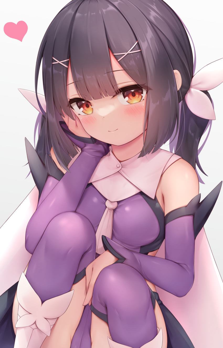 1girl arata_(xin) bangs black_hair blush breasts brown_eyes closed_mouth commentary detached_sleeves eyebrows_visible_through_hair eyes_visible_through_hair fate/grand_order fate/kaleid_liner_prisma_illya fate_(series) hair_ornament hair_ribbon hairclip hand_on_own_cheek hand_on_own_face hand_up heart highres knees_up leotard long_hair long_sleeves looking_at_viewer medium_breasts miyu_edelfelt purple_legwear purple_leotard ribbon sidelocks simple_background sitting smile solo thighhighs twintails white_background white_ribbon x_hair_ornament