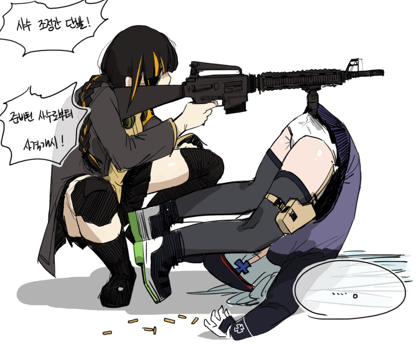2girls aiming assault_rifle braid brown_hair eyepatch finger_on_trigger from_side girls'_frontline gloves grey_legwear gun highres hk416_(girls'_frontline) holding holding_gun holding_weapon huqu korean_text long_hair long_sleeves m16 m16a1_(girls'_frontline) m16a2 multiple_girls object_insertion one_eye_closed panties profile rifle squatting thighhighs translation_request underwear upside-down weapon white_gloves white_panties