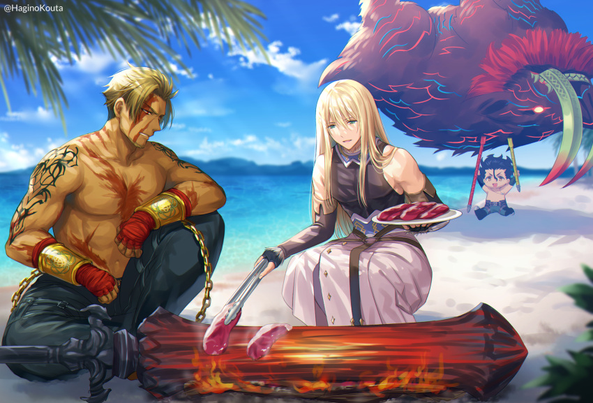 3boys bandaged_arm bandages bangs bare_shoulders beach beowulf_(fate) black_gloves black_hair black_pants black_shirt blonde_hair blurry blurry_background boar brown_eyes chain chibi commentary_request day demon demon_boar_(fate) depth_of_field diarmuid_ua_duibhne_(saber)_(fate) eyebrows_visible_through_hair fate/grand_order fate_(series) fingerless_gloves fionn_mac_cumhaill_(fate/grand_order) fire food gae_buidhe_(fate) gae_dearg_(fate) gloves glowing glowing_eyes green_eyes green_pants hagino_kouta hair_between_eyes hand_wraps highres holding holding_plate holding_polearm holding_weapon huge_weapon long_hair male_focus meat mountain multiple_boys no_nipples outdoors palm_tree pants pectorals plate polearm red_eyes running sand shirt sleeveless sleeveless_shirt spear toned toned_male tongs topless_male tree twitter_username v-shaped_eyebrows very_long_hair water weapon