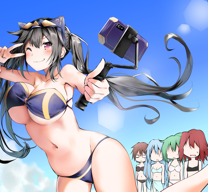 5girls ;3 absurdres armpits aussa bangs bare_shoulders bikini black_bikini black_hair blue_bikini blue_hair blue_sky blush bouncing_breasts breasts brown_hair cat_mask cellphone cleavage cloud collarbone commentary_request cowboy_shot day duel_monster eria eyebrows_visible_through_hair faceless faceless_female flat_chest glasses green_hair groin hair_between_eyes highres hiita holding i:p_masquerena kuromiko_shoujo large_breasts lens_flare long_hair looking_up mask medium_breasts multiple_girls navel one_eye_closed open_mouth outdoors phone ponytail purple_bikini red_hair sarong selfie selfie_stick short_hair sidelocks sky small_breasts smartphone smile solo_focus standing standing_on_one_leg stomach strapless strapless_bikini sweat swimsuit twintails underboob v_over_eye white_bikini wynn yu-gi-oh!