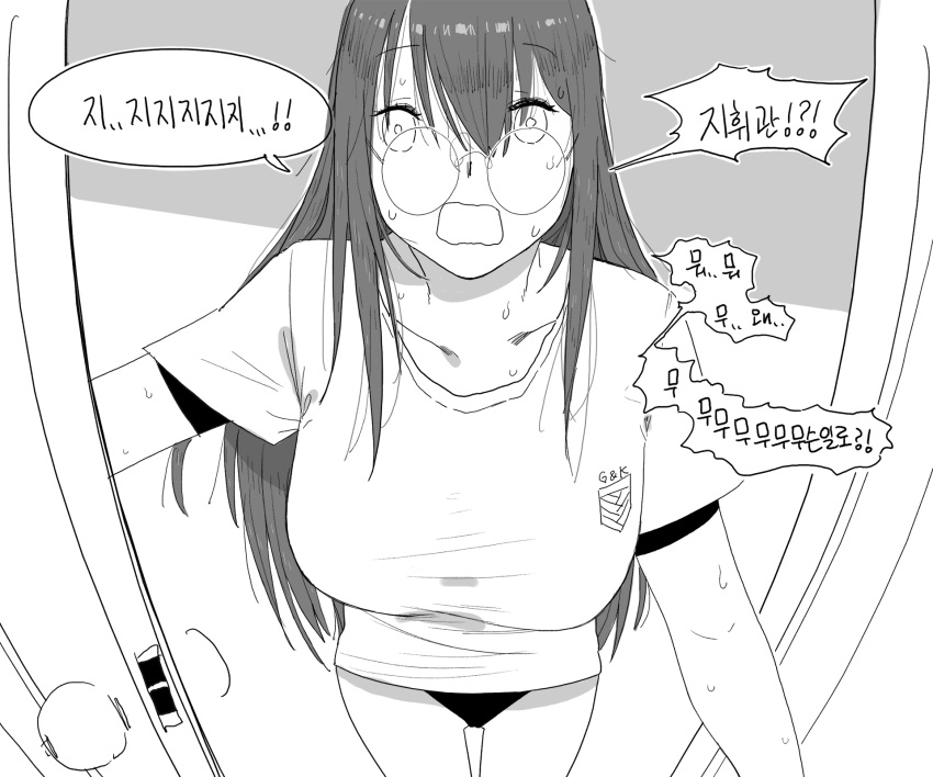 1girl breasts girls'_frontline glasses greyscale helianthus_(girls'_frontline) highres huqu korean_text large_breasts long_hair looking_at_viewer monochrome open_door open_mouth panties pov_doorway round_eyewear shirt short_sleeves solo standing translation_request underwear wide-eyed