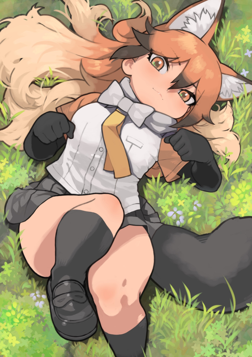 1girl animal_ears black_footwear black_gloves black_hair black_legwear black_skirt blush bow bowtie commentary_request commission elbow_gloves extra_ears eyebrows_visible_through_hair fox_ears fox_girl fox_tail from_above gloves grass highres kemono_friends loafers long_hair looking_at_viewer lying multicolored_hair necktie on_back orange_eyes orange_hair orange_necktie orange_shirt pleated_skirt red_fox_(kemono_friends) rinx shirt shoes skeb_commission skirt socks solo tail two-tone_shirt white_bow white_bowtie white_shirt