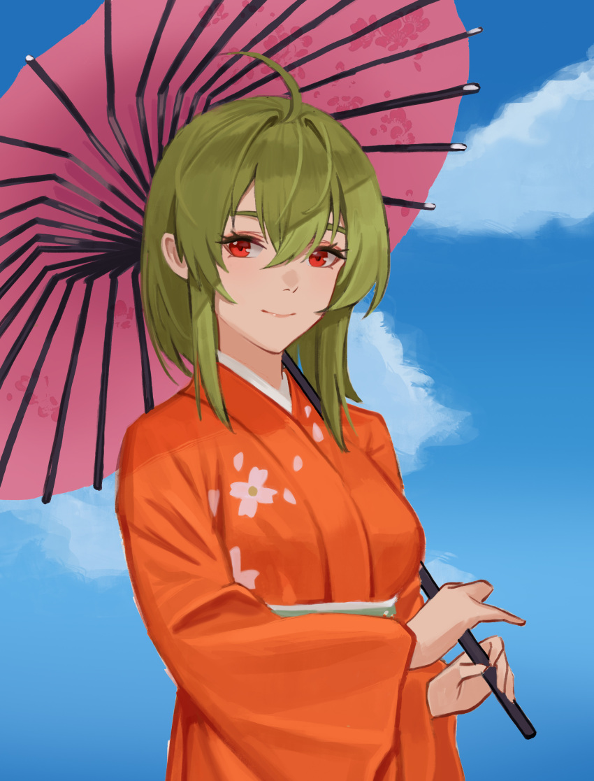 1girl absurdres ahoge blue_sky closed_mouth cloud eyelashes fl-chan fl_studio floral_print green_hair hair_between_eyes highres holding holding_umbrella japanese_clothes jonbur_man kimono looking_at_viewer medium_hair orange_kimono red_eyes sidelocks sky smile solo umbrella upper_body wide_sleeves