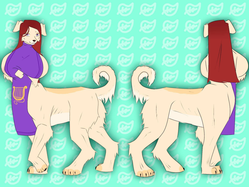 4:3 angela_(taur) big_breasts breasts canid canid_taur canine canine_taur canis clothed clothing curled_tail dog_taur domestic_dog female floppy_ears fur hair hi_res huge_breasts long_hair loom mammal mammal_taur mature_female red_hair symbol tan_body tan_fur taur vibranthollow