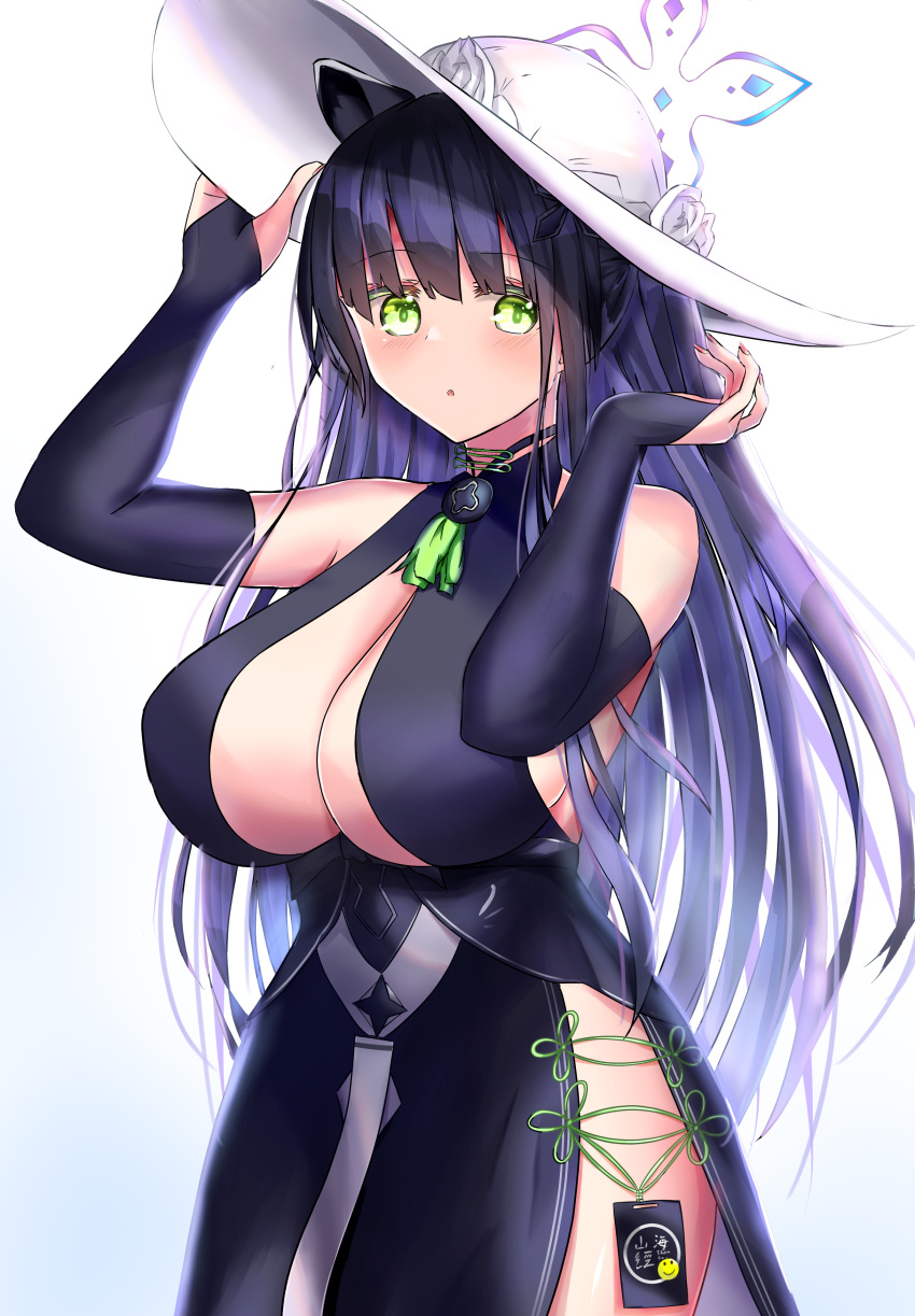 1girl absurdres animal_ears arms_up black_dress black_gloves black_hair blue_archive breasts bridal_gauntlets china_dress chinese_clothes cleavage dress elbow_gloves gloves green_eyes hand_on_headwear hat highres large_breasts long_hair nail_polish shun_(blue_archive) side_slit simple_background solo sun_hat tiger_ears tiger_girl torabera very_long_hair white_background white_headwear