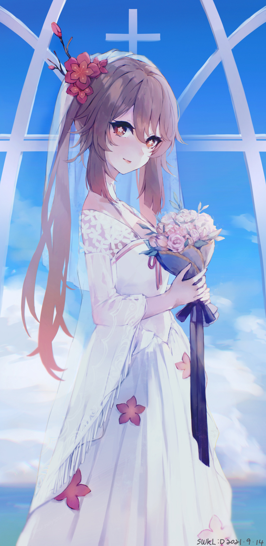 1girl absurdres alternate_costume artist_name bad_id bad_pixiv_id bangs blue_sky bouquet bridal_veil bride brown_hair closed_mouth dated day dress feet_out_of_frame flower flower-shaped_pupils from_side genshin_impact gradient_hair hair_flower hair_ornament highres holding holding_bouquet hu_tao_(genshin_impact) indoors long_sleeves looking_at_viewer looking_to_the_side multicolored_hair outdoors pink_flower pink_rose red_eyes red_flower red_hair rose see-through sidelocks sky smile solo standing swkl:d symbol-shaped_pupils twintails veil wedding_dress white_dress wide_sleeves window