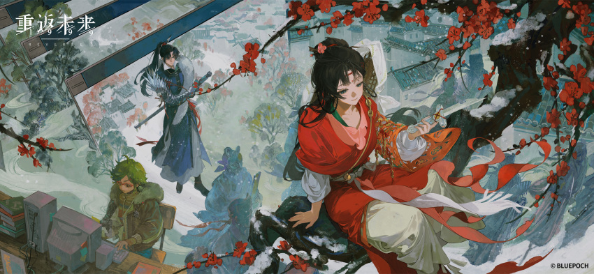 1boy 2girls architecture arm_armor black_boots black_hair blue_eyes blue_robe book book_stack boots broken broken_sword broken_weapon brown_eyes brown_jacket chair cheng_heguang chinese_clothes computer computer_keyboard copyright_name copyright_notice crowd crt dao desk dress east_asian_architecture facial_mark feather_boa flower forehead_mark from_above glasses green_hair hair_branch hair_bun hair_flower hair_ornament hand_up hanfu hat_on_back highres holding holding_sword holding_weapon jacket jian_(weapon) logo long_dress long_hair monitor multiple_girls official_art official_wallpaper on_chair over-rim_eyewear pants paper_heron pink-framed_eyewear pink_flower plant_hair plum_blossoms ponytail red_flower red_hanfu reed_(reverse:1999) reverse:1999 robe semi-rimless_eyewear sheath sheathed short_hair sitting sitting_on_branch snow standing sweater sword weapon weimao white_pants window_(computing) yellow_sweater