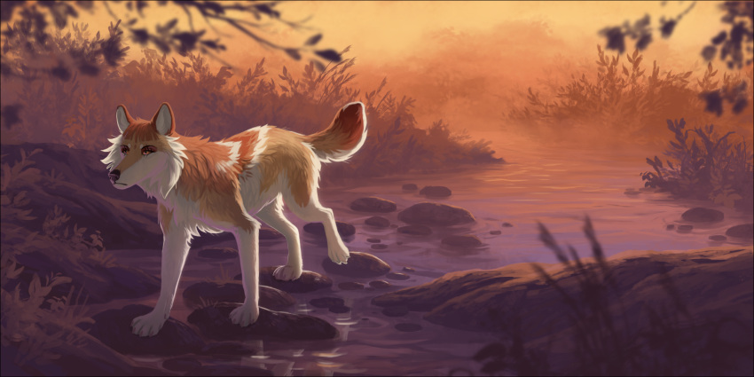 2021 4_toes ambiguous_gender black_border border canid canine canis day detailed_background digital_media_(artwork) eyebrows eyelashes feet feral forest fur grass hi_res mammal oneminutesketch orange_eyes outside paws plant solo tan_body tan_fur toes tree wolf