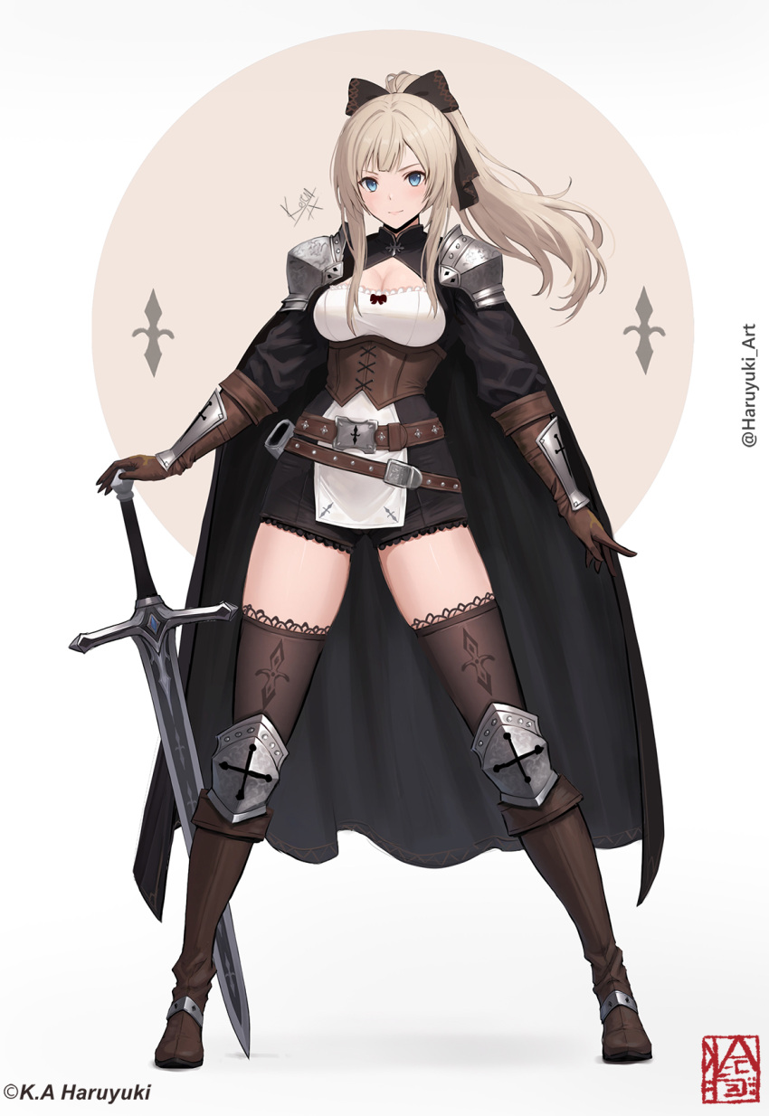 1girl armor artist_logo artist_name belt black_cape black_shorts black_thighhighs blonde_hair blue_eyes boots bow breasts brown_belt brown_boots brown_bow brown_corset brown_gloves brown_hair cape closed_mouth commentary copyright_notice corset cross elbow_gloves floating_hair full_body gloves hair_bow hand_on_hilt haruyuki_(karem) highres holding holding_sword holding_weapon knee_boots lace-trimmed_thighhighs lace_trim large_breasts legs_apart light_smile logo looking_at_viewer original pauldrons poleyn ponytail shirt short_shorts shorts shoulder_armor signature solo standing sword thighhighs thighhighs_under_boots twitter_username unsheathed weapon white_shirt
