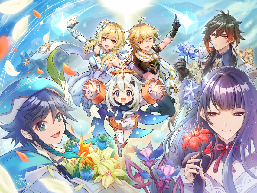 3boys 3girls absurdres aether_(genshin_impact) ahoge androgynous bangs beret black_gloves black_hair blonde_hair blue_eyes blue_hair blush bouquet bow braid bridal_gauntlets brother_and_sister brown_hair closed_mouth cloud cloudy_sky collared_cape collared_shirt commentary_request crop_top day dendrobium dress earrings eyeliner falling_petals floating flower formal genshin_impact glaze_lily gloves gradient_hair green_eyes green_headwear hair_between_eyes hair_flower hair_ornament halo hat hat_flower highres holding holding_bouquet holding_flower jacket japanese_clothes jewelry kimono leaf light_particles long_hair long_sleeves looking_at_viewer lumine_(genshin_impact) makeup midriff mole mole_under_eye multicolored_hair multiple_boys multiple_girls necktie nekobayashi open_mouth orange_hair outstretched_arms paimon_(genshin_impact) petals purple_eyes purple_flower purple_hair purple_nails raiden_shogun red_flower scarf shirt short_hair_with_long_locks short_sleeves siblings sidelocks single_earring single_thighhigh sky smile sparkle spread_arms suit tassel tassel_earrings thighhighs twin_braids twins venti_(genshin_impact) white_dress white_flower white_hair white_legwear wide_sleeves yellow_eyes zhongli_(genshin_impact)