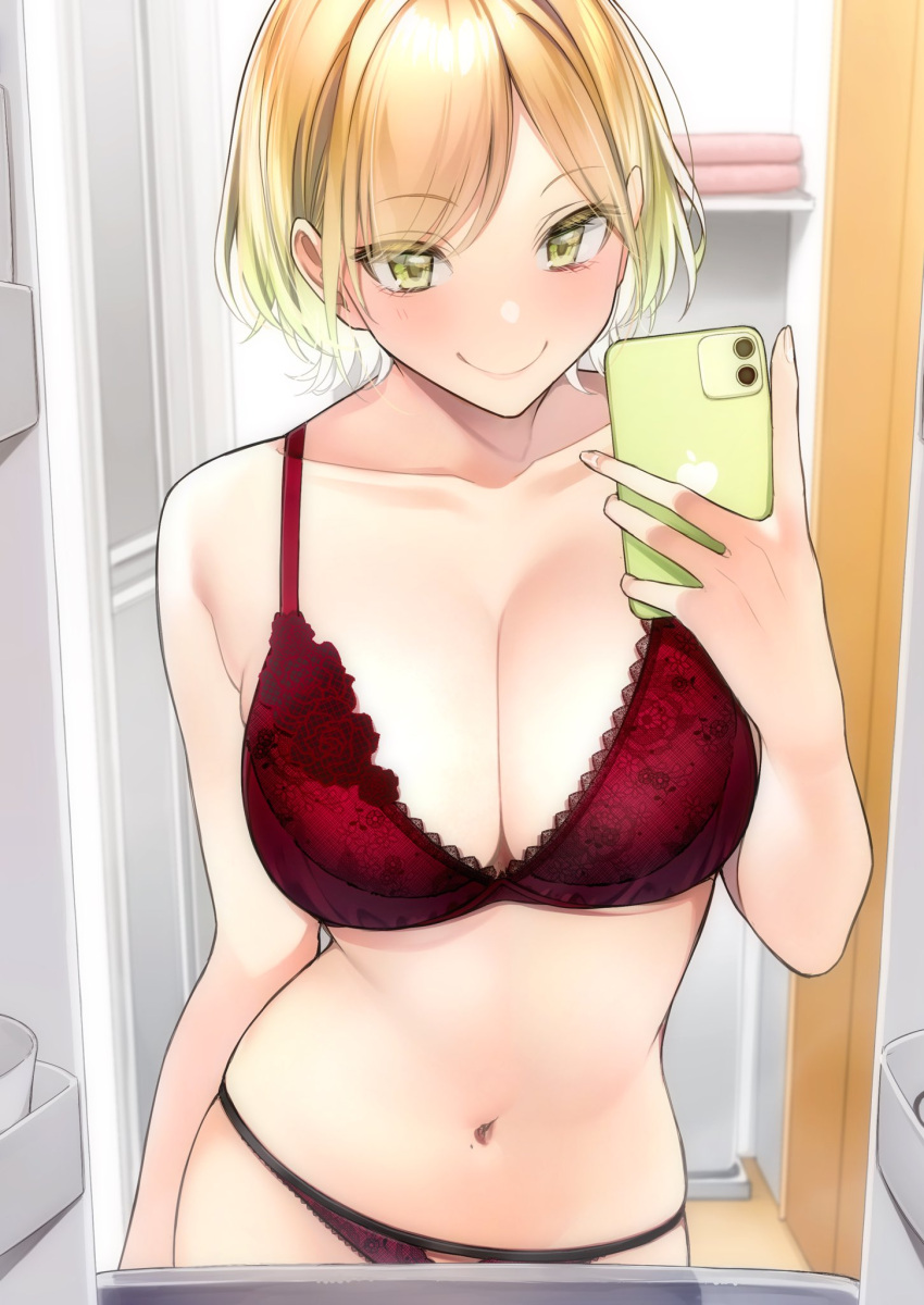 1girl blonde_hair bra breasts cellphone closed_mouth collarbone commentary_request eyebrows_visible_through_hair highres holding holding_phone large_breasts navel original panties phone red_bra red_panties rinku_(rin9) selfie smile solo underwear underwear_only yellow_eyes