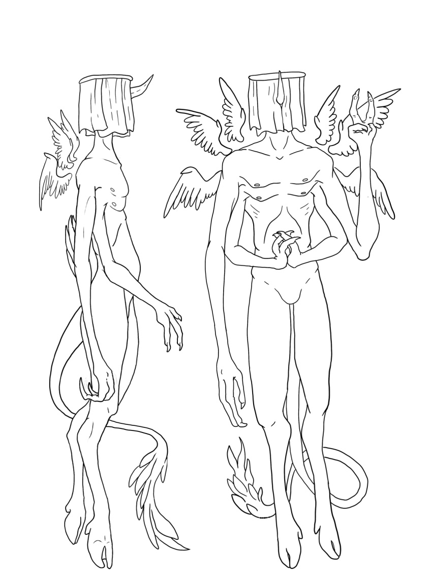 1_horn 4_arms 6_wings angel covered_face feathered_wings feathers hi_res hooves horn male monochrome multi_arm multi_limb multi_wing nipples small_wings solo teratomorph veil veil_angel wings