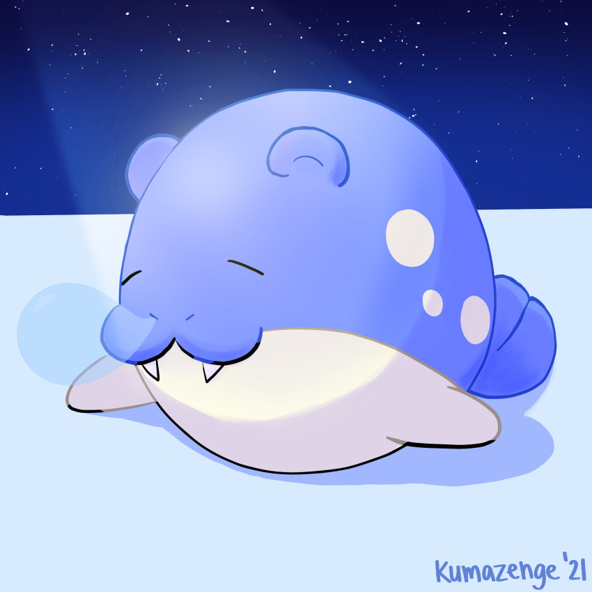 artist_name closed_eyes ears fangs flippers highres kumazenge moonlight nose_bubble pokemon pokemon_(creature) shadow sky sleeping solo spheal star_(sky) starry_background starry_sky tail