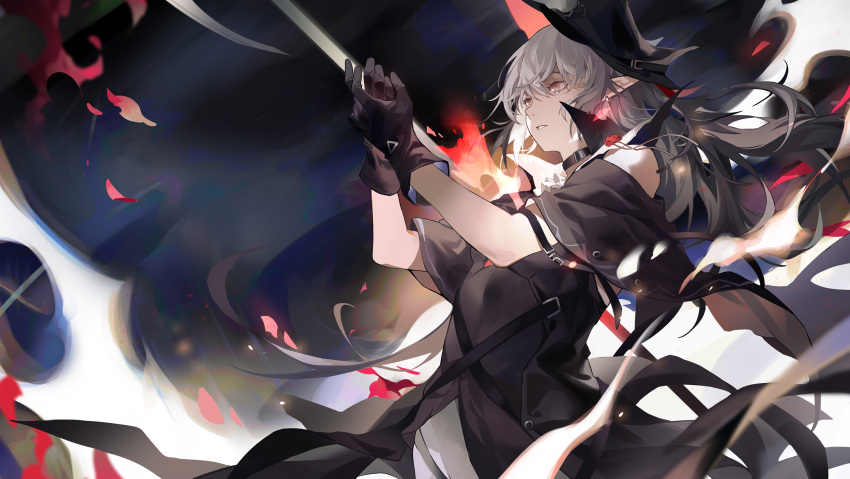 1girl arknights ascot black_cape black_dress black_gloves black_headwear cape chinese_commentary commentary_request dress gladiia_(arknights) gloves grey_hair hat highres impaled long_hair narakuuu pants pointy_ears polearm red_eyes solo spear tearing_up upper_body weapon white_ascot white_pants