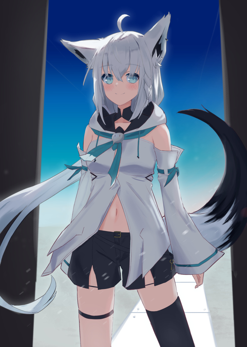 1girl absurdres ahoge animal_ear_fluff animal_ears bare_shoulders black_shorts black_thighhighs blue_eyes blush closed_mouth commentary_request cowboy_shot detached_sleeves fox_ears fox_girl fox_tail hair_between_eyes highres hololive hood hood_down hooded_vest hoodie legs_apart long_hair long_sleeves looking_at_viewer navel nobreakfastpro shirakami_fubuki shirakami_fubuki_(1st_costume) shorts single_thighhigh sleeves_past_wrists smile solo standing tail thigh_strap thighhighs very_long_hair vest virtual_youtuber white_hair white_sleeves white_vest