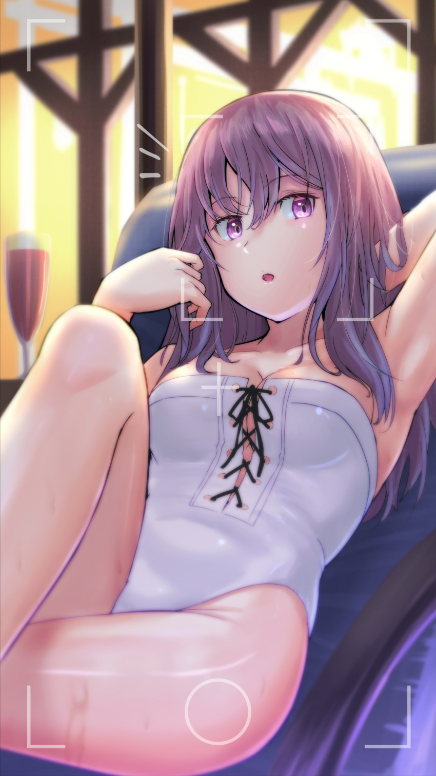 1girl absurdres alice_gear_aegis breasts brown_eyes brown_hair bureikubureido casual_one-piece_swimsuit chair cleavage commentary_request cowboy_shot drink highres long_hair lounge_chair medium_breasts one-piece_swimsuit sitting solo swimsuit viewfinder white_swimsuit yotsuya_yumi