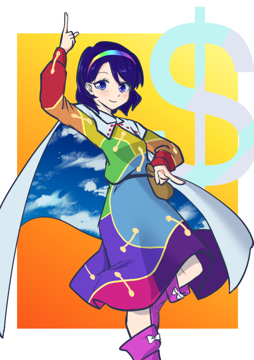 1girl bangs blue_hair boots breasts cape cloak closed_mouth dollar_sign dress eyelashes gradient highres light_blush long_sleeves multicolored_clothes multicolored_dress multicolored_hairband one-hour_drawing_challenge patchwork_clothes pink_footwear pointing pointing_down pointing_up rainbow_gradient red_button short_hair sky_print small_breasts smile tenkyuu_chimata touhou two-sided_cape two-sided_fabric uzumibi white_cape white_cloak