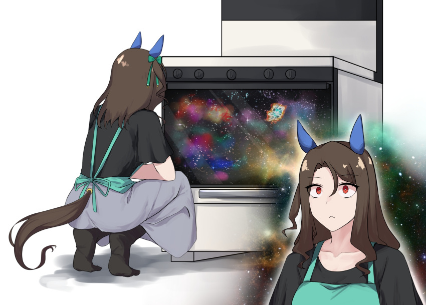 1girl :&lt; animal_ears apron casual collarbone commentary_request galaxy highres horse_ears horse_girl horse_tail king_halo_(umamusume) meme oven red_eyes scp-3049 scp_foundation sitting socks solo space space_cat_(meme) sugamo_(rainysnowy108) surprised tail umamusume white_background