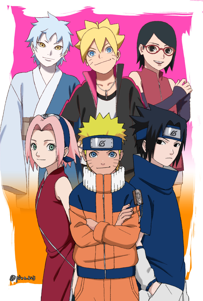 2girls 4boys :d absurdres bangs black_eyes black_hair black_jacket blonde_hair blue_eyes blue_hair blue_shirt boruto:_naruto_next_generations closed_mouth forehead forehead_protector glasses green_eyes hair_between_eyes hand_in_pocket haruno_sakura highres jacket japanese_clothes jewelry long_sleeves mitsuki_(naruto) multiple_boys multiple_girls naruto naruto_(series) necklace ninja open_clothes open_jacket open_mouth orange_background orange_jacket pink_background pink_hair pinoko_(pnk623) red_shirt shirt short_hair short_sleeves shorts sleeveless sleeveless_shirt smile team7 teeth two-tone_background uchiha_sarada uchiha_sasuke uzumaki_boruto uzumaki_naruto white_shirt white_shorts white_sleeves yellow_eyes