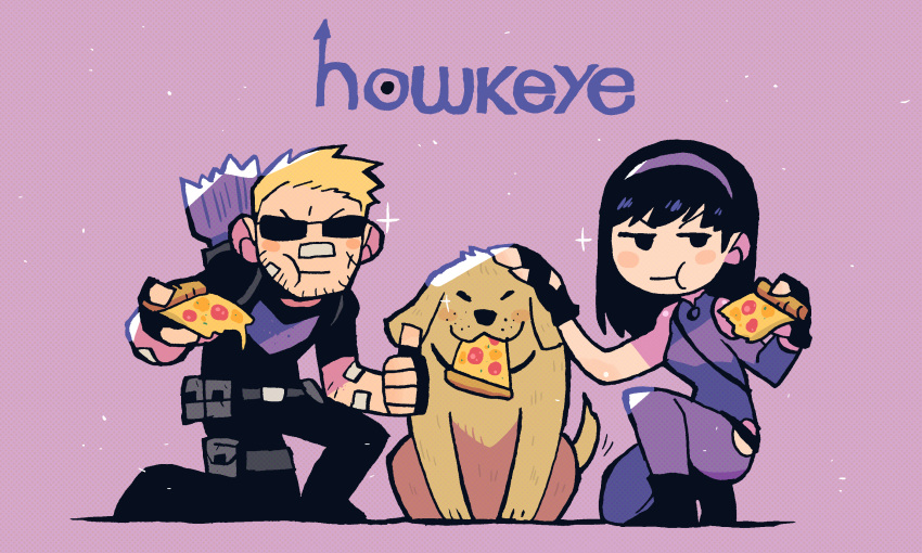 1boy 1girl arrow_(projectile) bangs bare_shoulders black_footwear black_hair black_shirt blonde_hair boots clint_barton copyright_name dog facial_hair fingerless_gloves food full_body gloves golden_retriever hawkeye_(marvel) headband highres holding holding_food holding_pizza jaggy_line kate_bishop marvel one_knee petting pizza purple_background rariatto_(ganguri) shirt sunglasses weapon