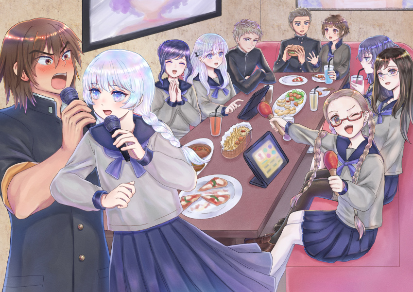 5boys 5girls :o absurdres black_hair black_legwear blue_skirt braid brown_hair burger character_request closed_eyes cup drinking drinking_straw duet elbowing food french_fries fuyusaka_iori gakuran grey_shirt highres hijiyama_takatoshi ichigo_daifuku_(blumenwalzer0903) indoors instrument juusan_kihei_bouei_ken karaoke kisaragi_tomi kurabe_juurou kurabe_tamao light_brown_hair long_hair long_sleeves maracas minami_natsuno miura_keitarou multiple_boys multiple_girls music nudge okino_tsukasa one_eye_closed own_hands_together pizza_slice red-framed_eyewear school_uniform sekigahara_ei shinonome_ryouko_(juusan_kihei_bouei_ken) shirt silver_hair singing sitting skirt table twin_braids white_hair white_legwear yakushiji_megumi