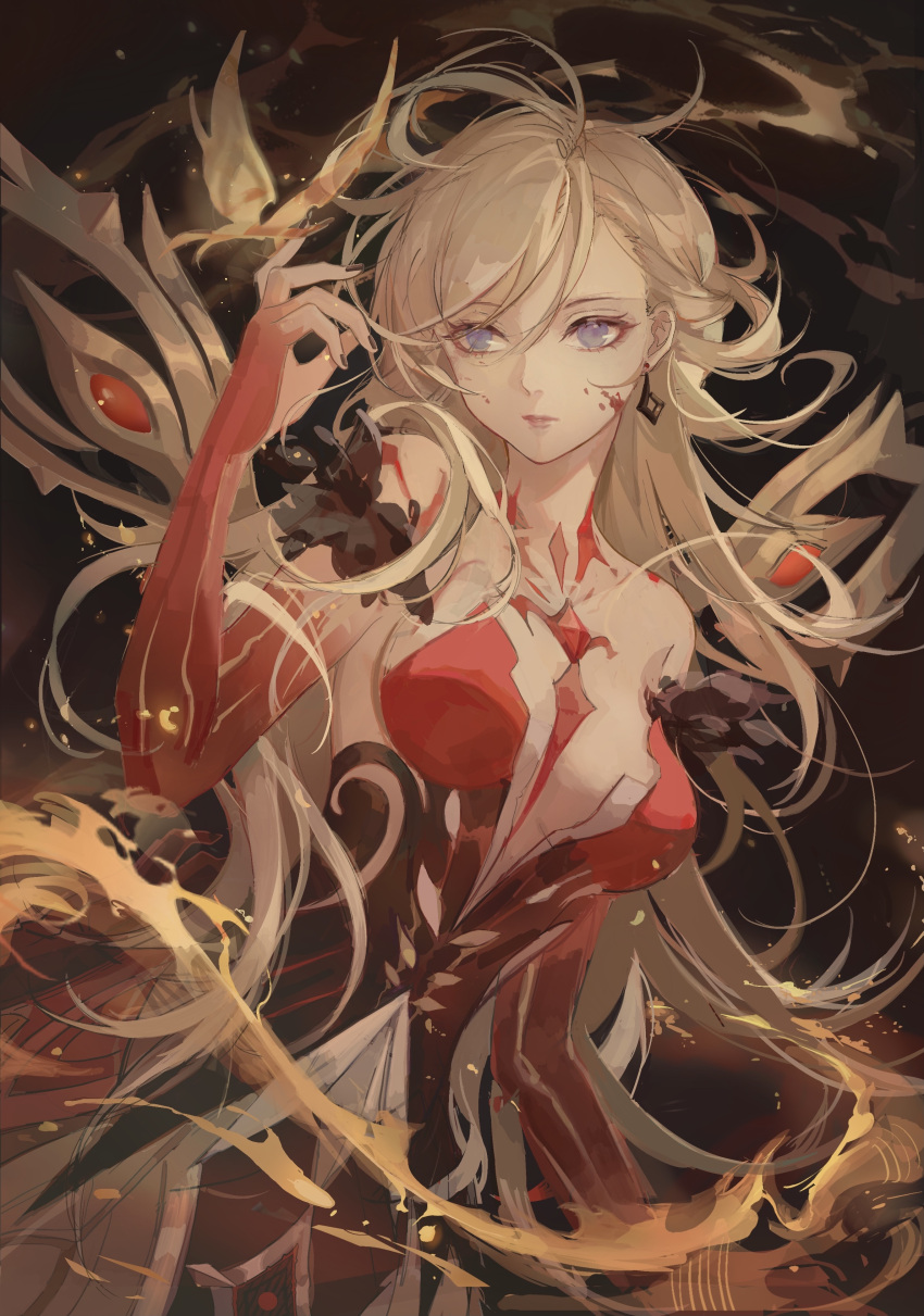 1girl absurdres bangs bare_shoulders bird black_nails blonde_hair blood blood_on_face blue_eyes breasts dark_background dress earrings elbow_gloves fire fur_trim gem genshin_impact gloves hand_up highres jewelry large_breasts long_hair looking_to_the_side red_dress red_gloves signora_(genshin_impact) solo strapless strapless_dress zerotabi1210