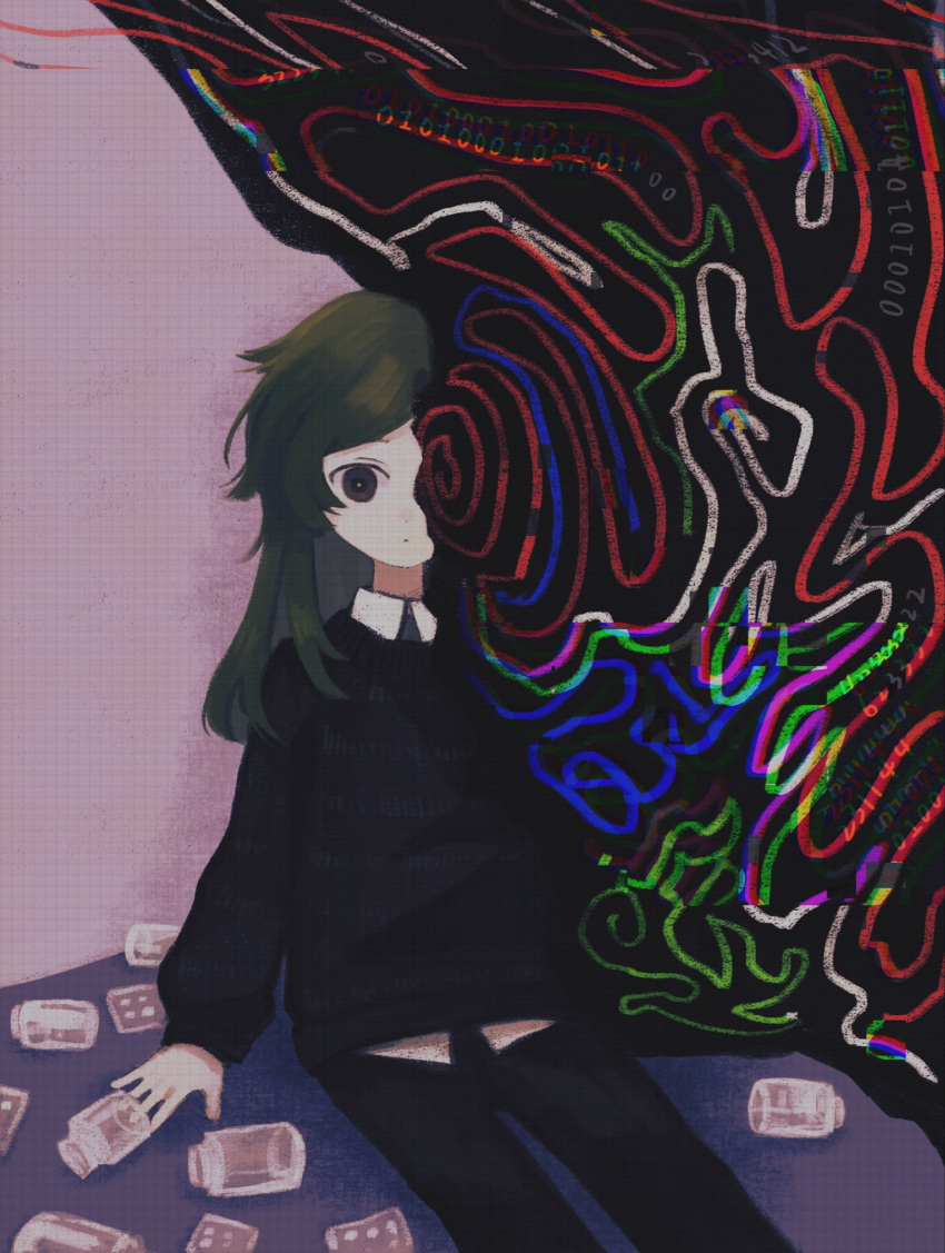 1girl binary black_leggings black_shirt blank_stare blister_pack brown_eyes chromatic_aberration code collared_shirt expressionless glitch green_hair hashtag-only_commentary highres leggings long_hair marina_kaplan medicine_bottle on_floor pill pill_bottle shirt sitting split_theme surreal yarx229 z.a.t.o._//_i_love_the_world_and_everything_in_it