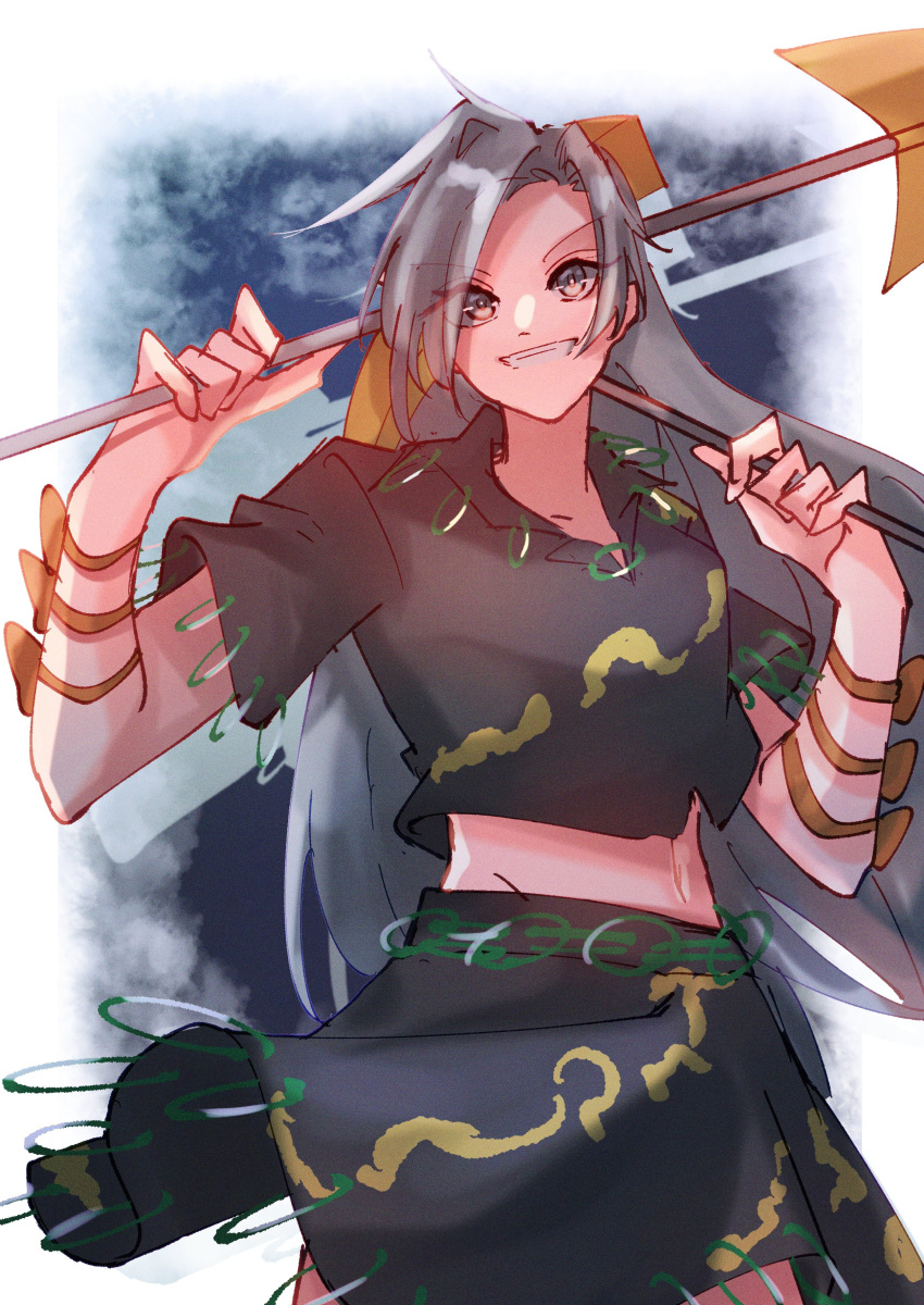 1girl absurdres arm_ribbon blue_eyes blue_hair boureisakura cowboy_shot green_shirt green_skirt highres himemushi_momoyo holding holding_pickaxe holding_shovel long_hair midriff navel one-hour_drawing_challenge orange_ribbon pickaxe ribbon shirt short_sleeves shovel skirt teeth tools touhou