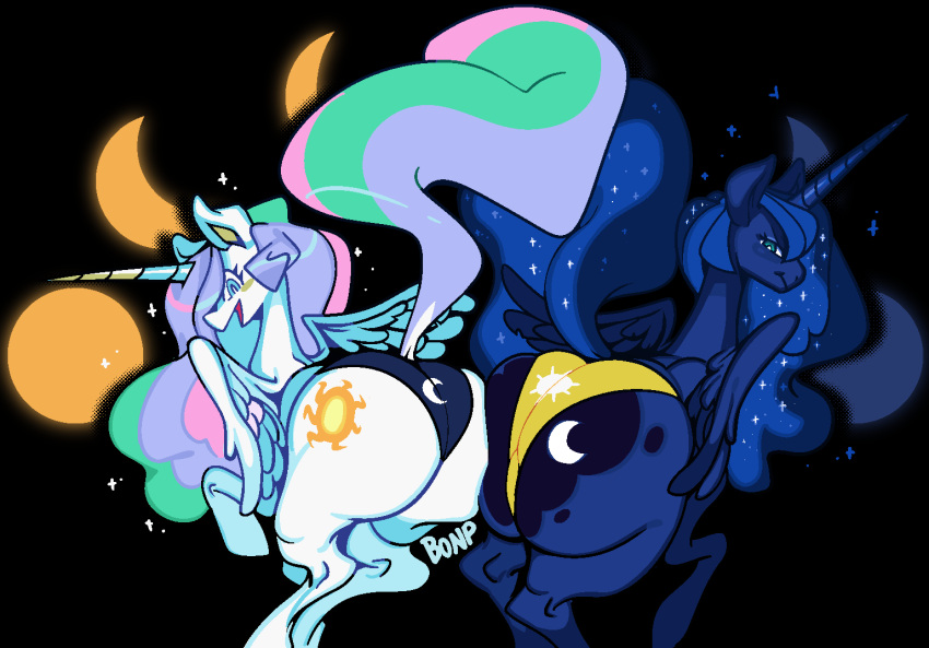 annoyed big_butt black_background blue_mane blue_sclera blue_tail butt clothing contrast crescent_moon cutie_mark dark_body dark_fur duo equid equine female feral friendship_is_magic fur halftone hasbro horn horse mammal mane moon multicolored_mane multicolored_tail my_little_pony navy_fur open_mouth panties pony princess_celestia_(mlp) princess_luna_(mlp) rear_view simple_background smile solar_eclipse sparkles submarine_screw sun underwear white_body white_fur winged_unicorn wings