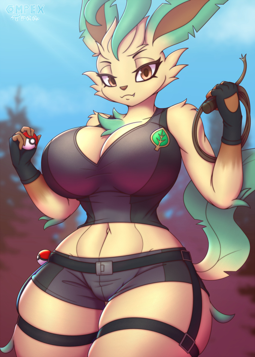 2021 5_fingers anthro anthrofied big_breasts bottomwear breasts cleavage clothed clothing complextree digital_media_(artwork) eeveelution eyebrows female fingerless_gloves fingers gloves handwear hi_res holding_object holding_pok&eacute;ball huge_breasts leafeon looking_at_viewer midriff navel nintendo outside pok&eacute;ball pok&eacute;mon pok&eacute;mon_(species) pok&eacute;morph shorts small_waist solo text thick_thighs video_games whip wide_hips